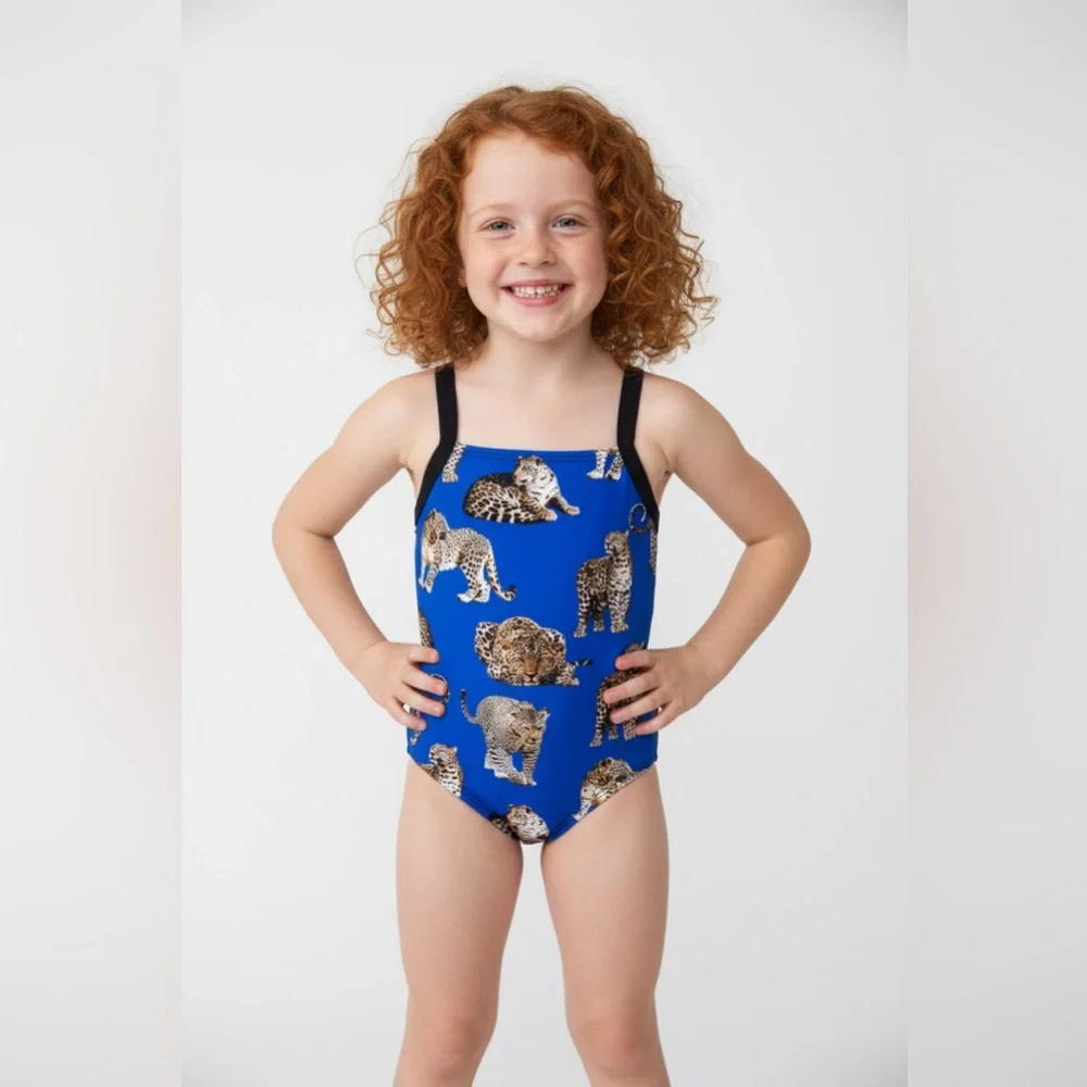 Submarine‎ 1pc Blue Jaguar Print Kids Swimsuit sz 8 7 New